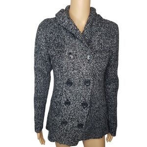 Effeci Women's Black White Marled Knit Double Breasted Hooded Sweater Coat‎ M